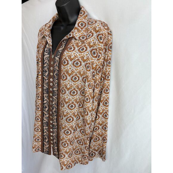 Soft Surroundings Top Button Up Boho Embellished Paisley Size XL Brown Bohemian - Picture 4 of 8